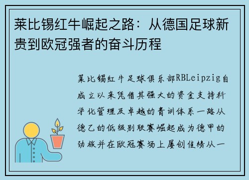 莱比锡红牛崛起之路：从德国足球新贵到欧冠强者的奋斗历程